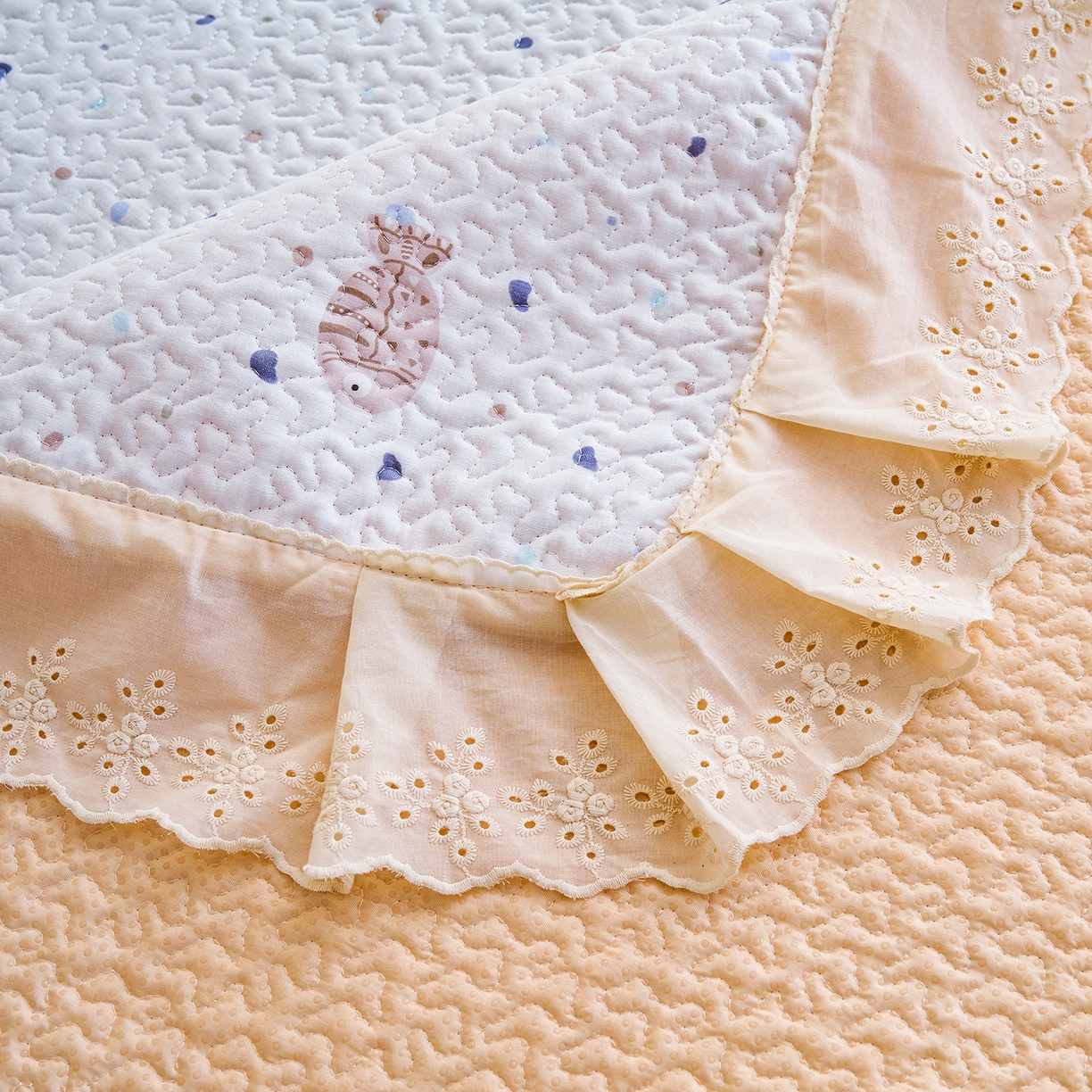 91家纺网 家纺一手货源 找家纺 拾小柒 2026年新款全棉双层纱床盖花边法式中古奶油风防滑床盖三件套 鲤安