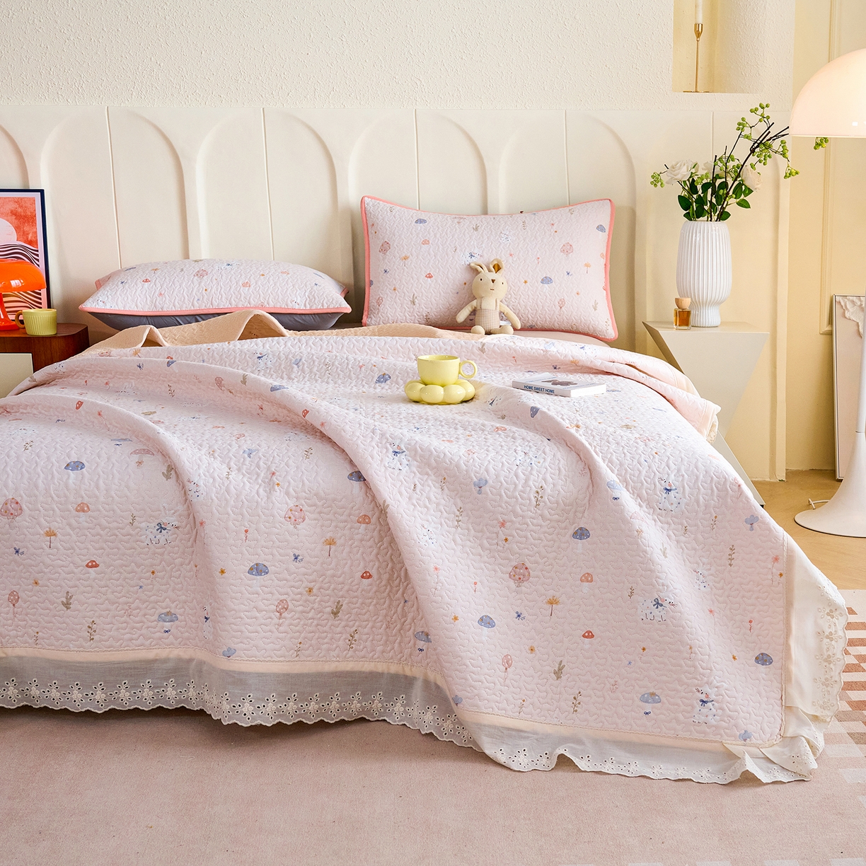 拾小柒 2026年新款全棉双层纱床盖花边法式中古奶油风防滑床盖三件套 萌趣森林粉