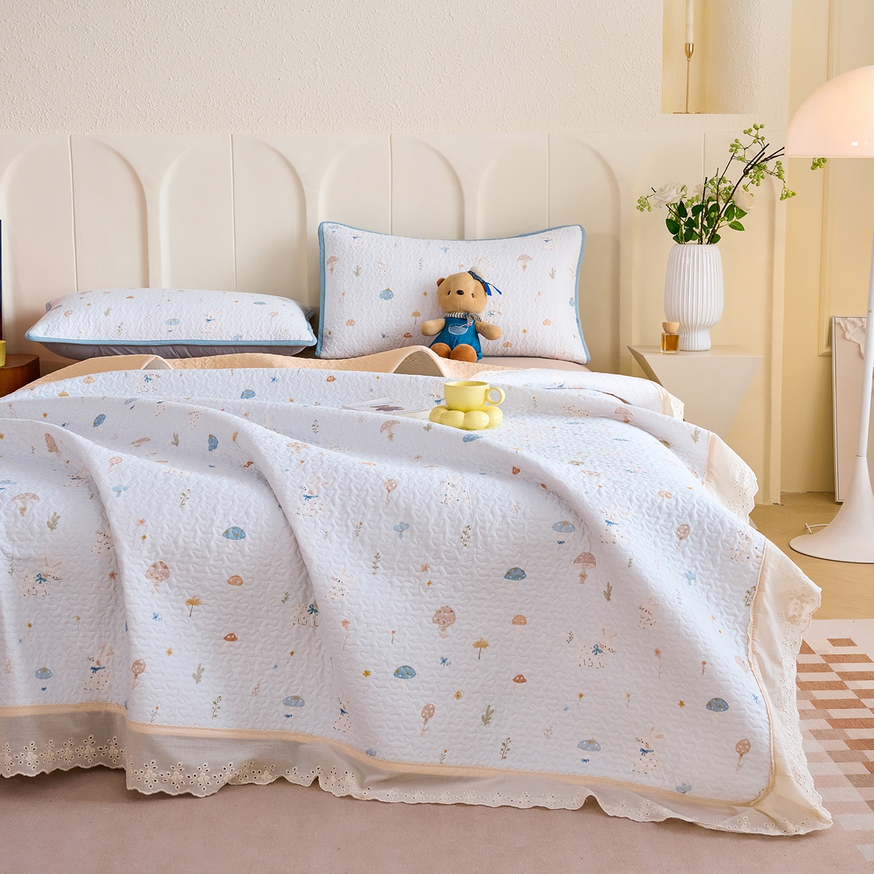 拾小柒 2026年新款全棉双层纱床盖花边法式中古奶油风防滑床盖三件套 萌趣森林蓝