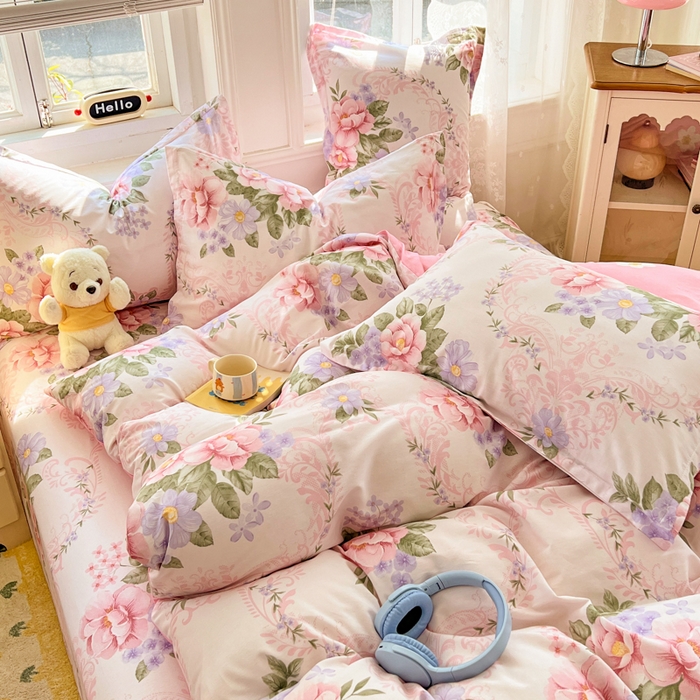 91家纺网 家纺一手货源 找家纺 世爵 2026新款全棉纯棉印花小清新单枕套 花叶倾城粉