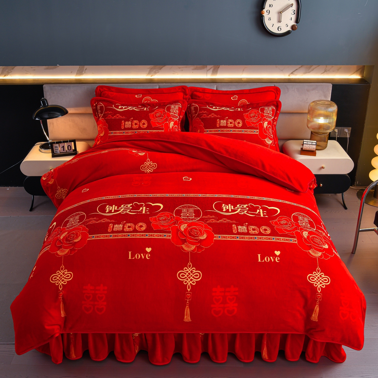 91家纺网 家纺一手货源 找家纺 董成龙家纺 2026新款高克重9-10斤加厚印花超柔牛奶绒爆款法莱绒金貂绒床裙四件套控价 钟爱一生