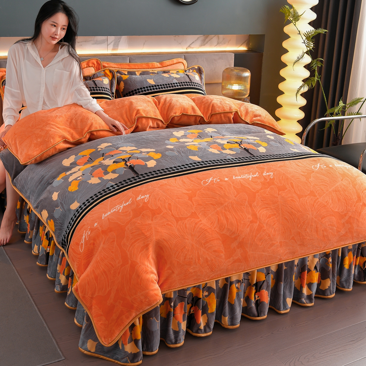 91家纺网 家纺一手货源 找家纺 董成龙家纺 2026新款高克重9-10斤加厚印花超柔牛奶绒爆款法莱绒金貂绒床裙四件套控价 摇钱树