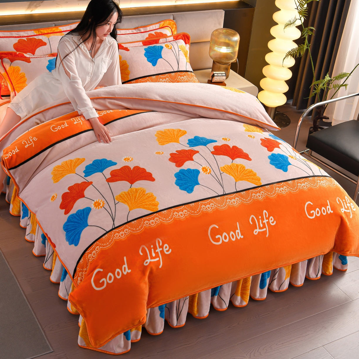 董成龙家纺 20256新款高克重9-10斤加厚印花超柔牛奶绒爆款法莱绒金貂绒床裙四件套控价 银杏花开