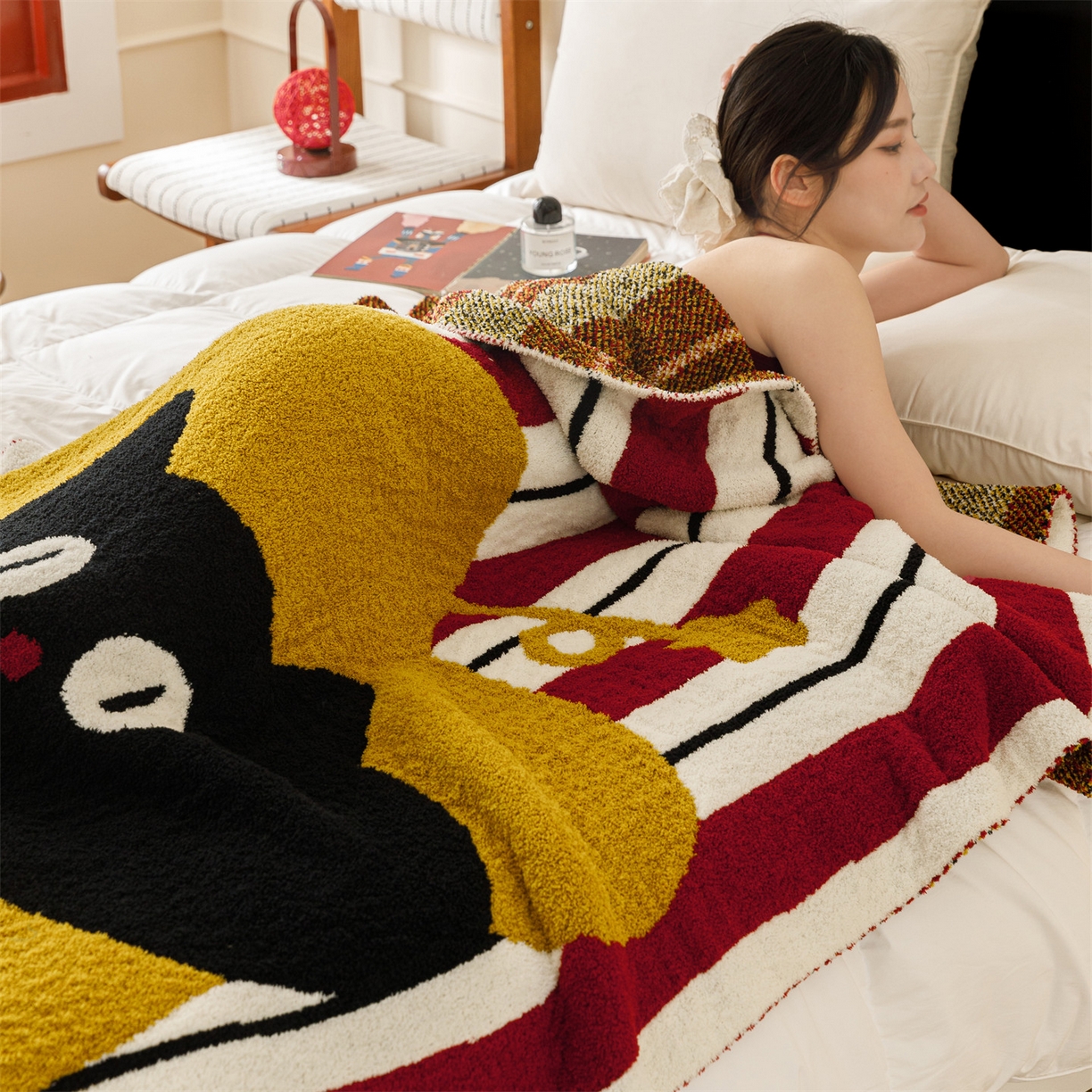 91家纺网 家纺一手货源 找家纺 瑞米家居 2026新款多功能半边绒盖毯毛毯毯子 呆萌星猫