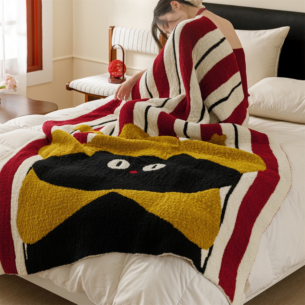 91家纺网 家纺一手货源 找家纺 瑞米家居 2026新款多功能半边绒盖毯毛毯毯子 呆萌星猫