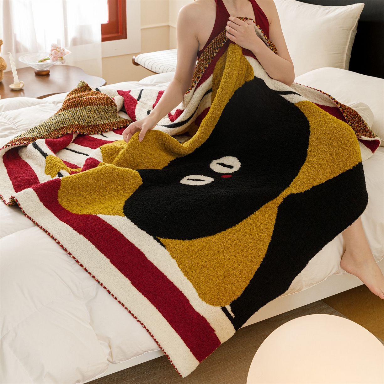 91家纺网 家纺一手货源 找家纺 瑞米家居 2026新款多功能半边绒盖毯毛毯毯子 呆萌星猫