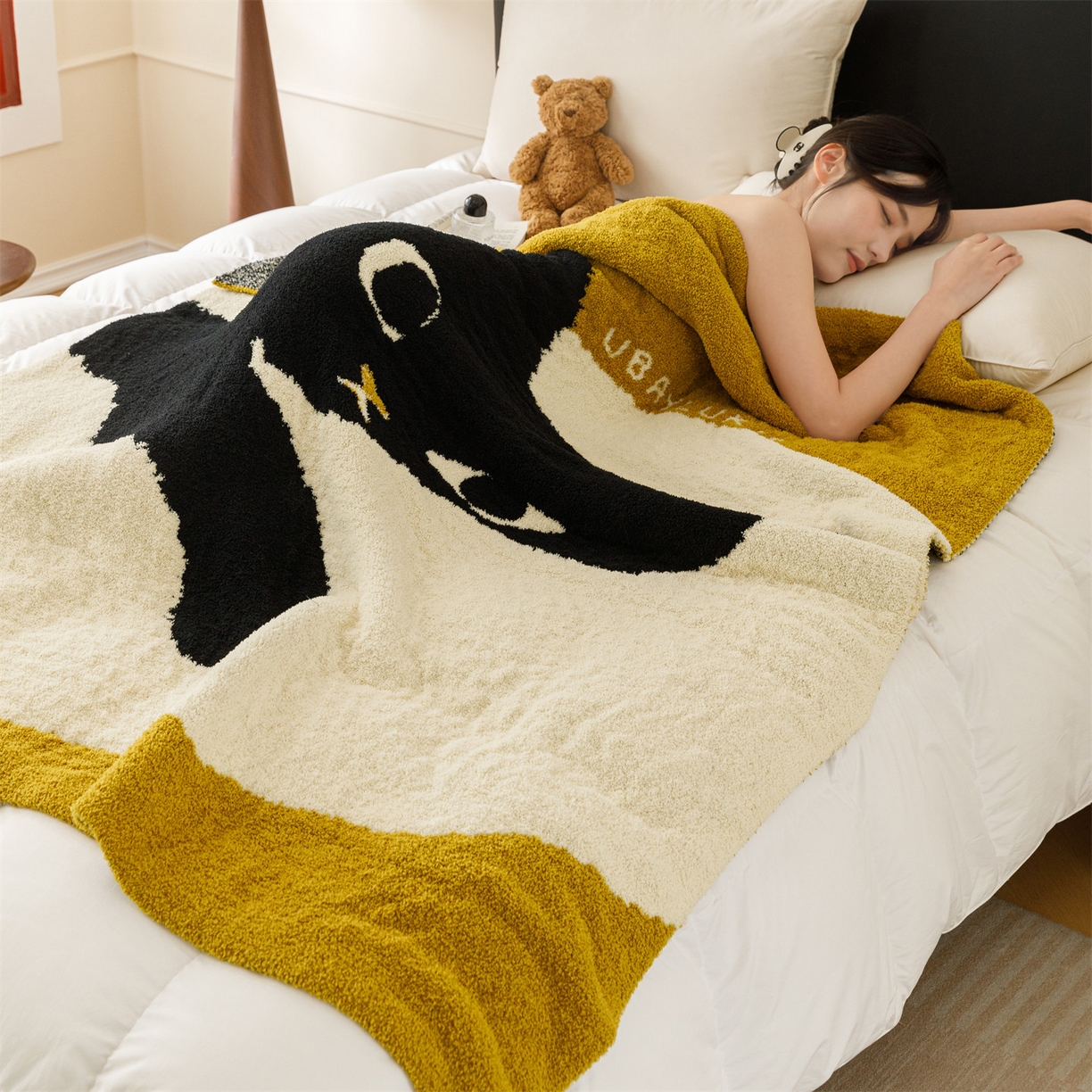 91家纺网 家纺一手货源 找家纺 瑞米家居 2026新款多功能半边绒盖毯毛毯毯子 慵懒喵-黄