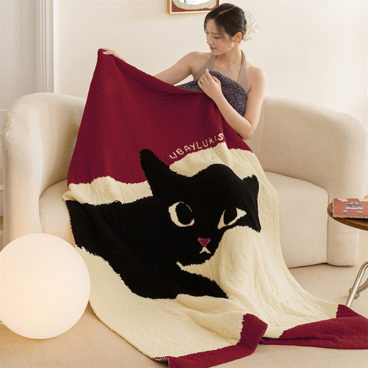 91家纺网 家纺一手货源 找家纺 瑞米家居 2026新款多功能半边绒盖毯毛毯毯子 慵懒猫-红