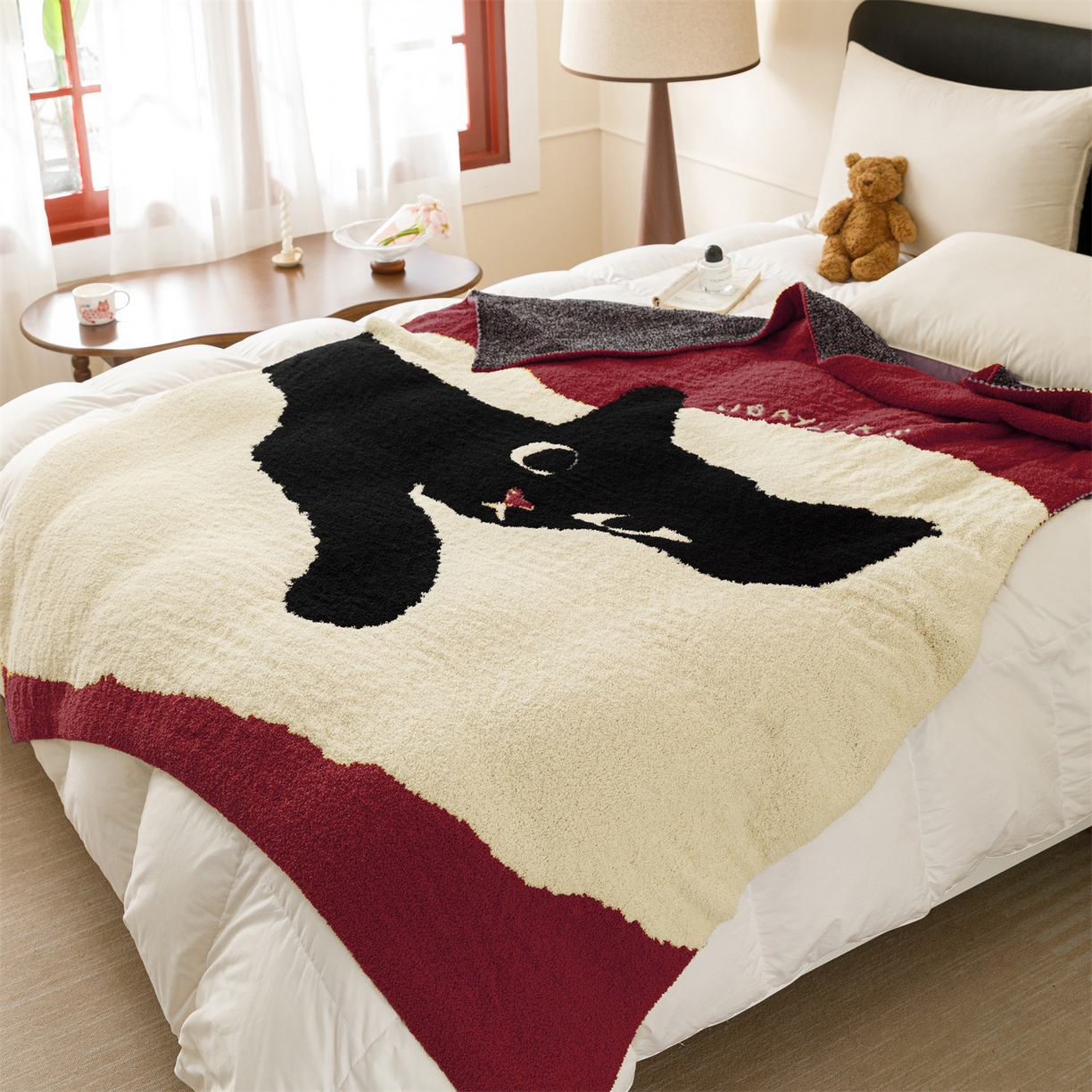 91家纺网 家纺一手货源 找家纺 瑞米家居 2026新款多功能半边绒盖毯毛毯毯子 慵懒猫-红