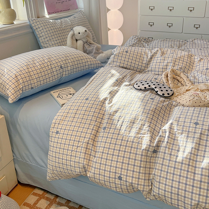 91家纺网 家纺一手货源 找家纺 梦纤绒 2026新款古法水洗仿棉云感纱四件套 蓝小格