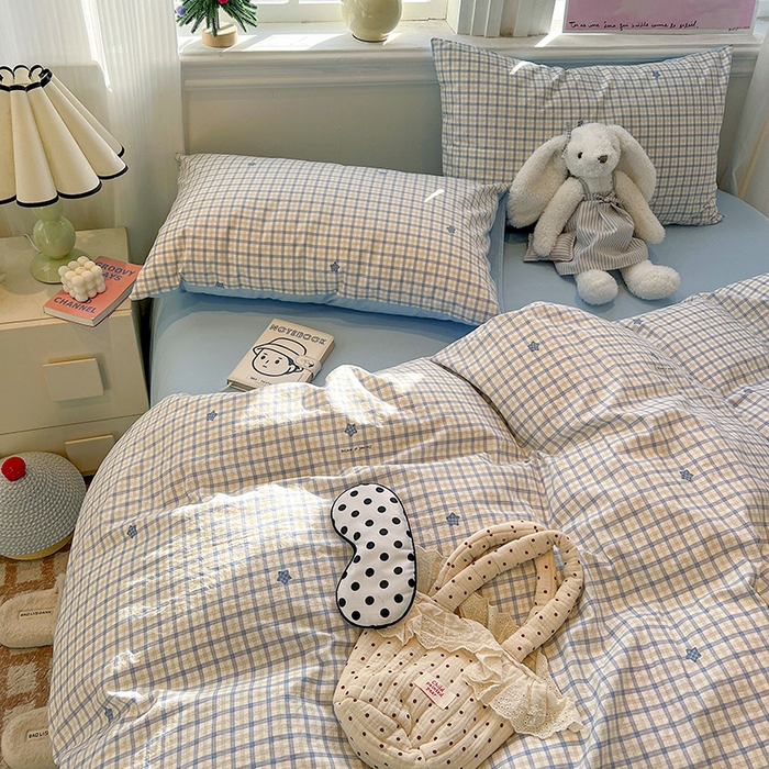 91家纺网 家纺一手货源 找家纺 梦纤绒 2026新款古法水洗仿棉云感纱四件套 蓝小格