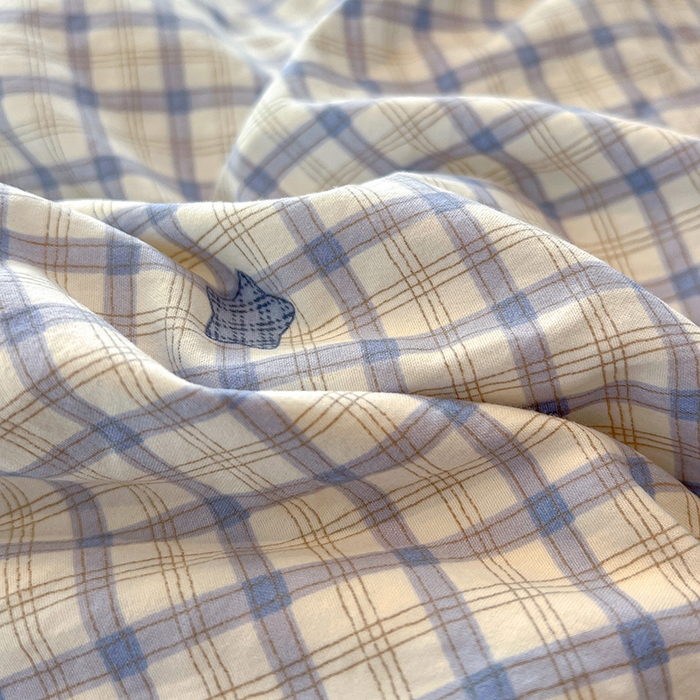 91家纺网 家纺一手货源 找家纺 梦纤绒 2026新款古法水洗仿棉云感纱四件套 蓝小格