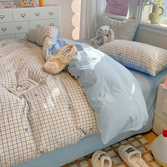 91家纺网 家纺一手货源 找家纺 梦纤绒 2026新款古法水洗仿棉云感纱四件套 蓝小格