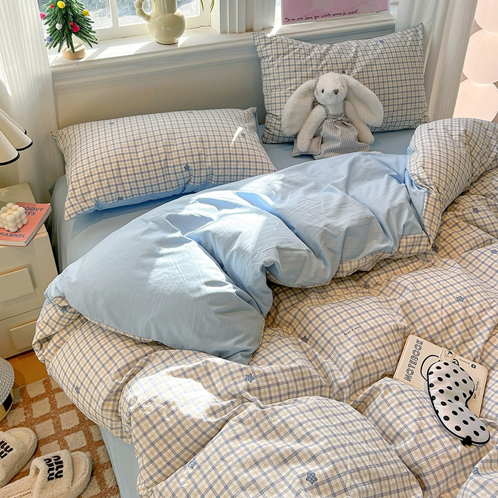 91家纺网 家纺一手货源 找家纺 梦纤绒 2026新款古法水洗仿棉云感纱四件套 蓝小格