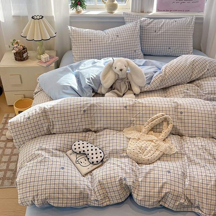 91家纺网 家纺一手货源 找家纺 梦纤绒 2026新款古法水洗仿棉云感纱四件套 蓝小格