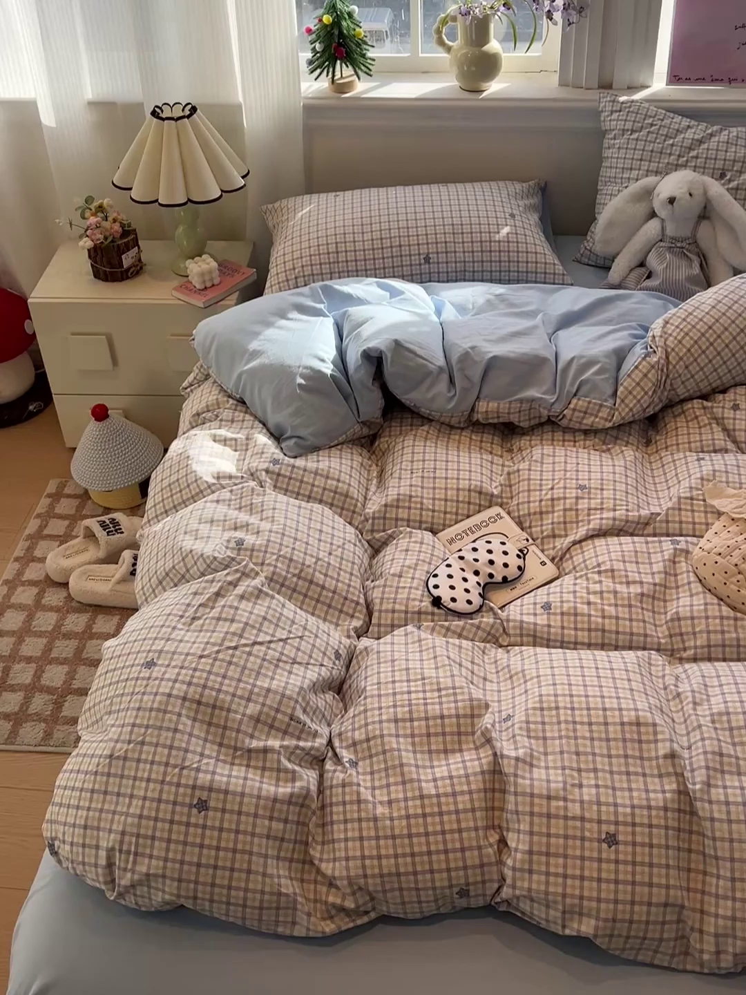 91家纺网 家纺一手货源 找家纺 梦纤绒 2026新款古法水洗仿棉云感纱四件套 蓝小格