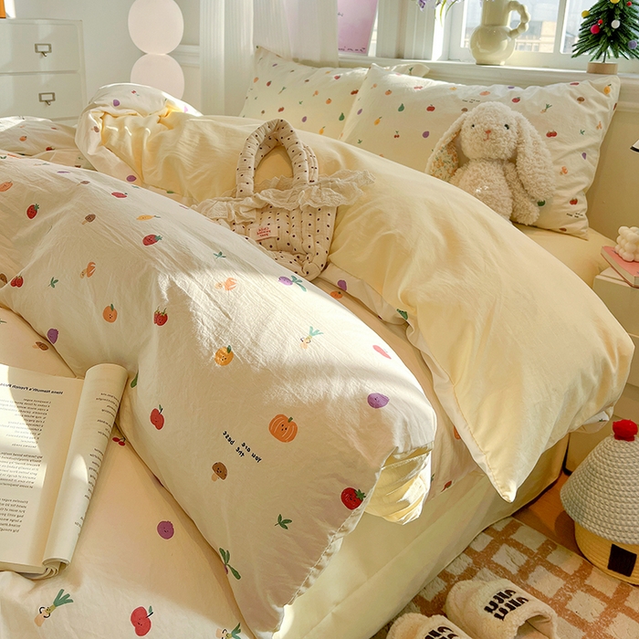 91家纺网 家纺一手货源 找家纺 梦纤绒 2026新款古法水洗仿棉云感纱四件套 南瓜果果