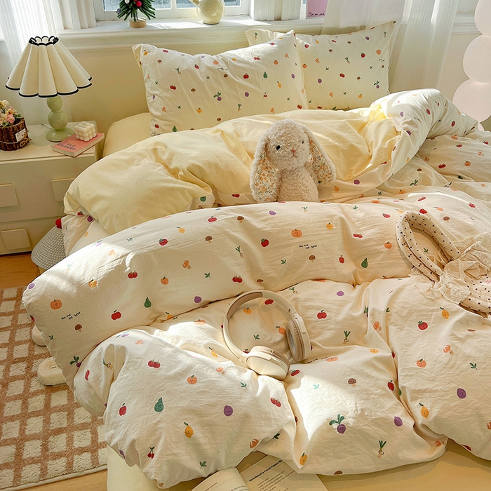 91家纺网 家纺一手货源 找家纺 梦纤绒 2026新款古法水洗仿棉云感纱四件套 南瓜果果