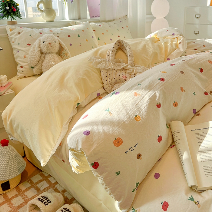 91家纺网 家纺一手货源 找家纺 梦纤绒 2026新款古法水洗仿棉云感纱四件套 南瓜果果