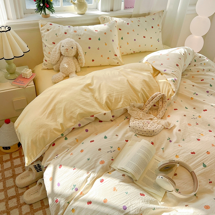 91家纺网 家纺一手货源 找家纺 梦纤绒 2026新款古法水洗仿棉云感纱四件套 南瓜果果