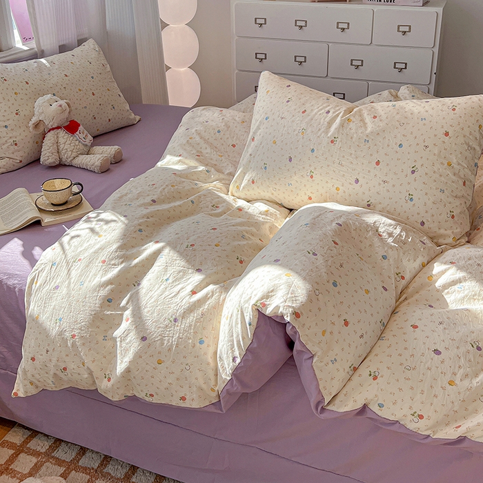 91家纺网 家纺一手货源 找家纺 梦纤绒 2026新款古法水洗仿棉云感纱四件套 甜心草莓