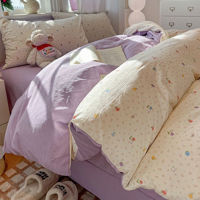 91家纺网 家纺一手货源 找家纺 梦纤绒 2026新款古法水洗仿棉云感纱四件套 甜心草莓