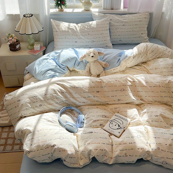 91家纺网 家纺一手货源 找家纺 梦纤绒 2026新款古法水洗仿棉云感纱四件套 甜心喵