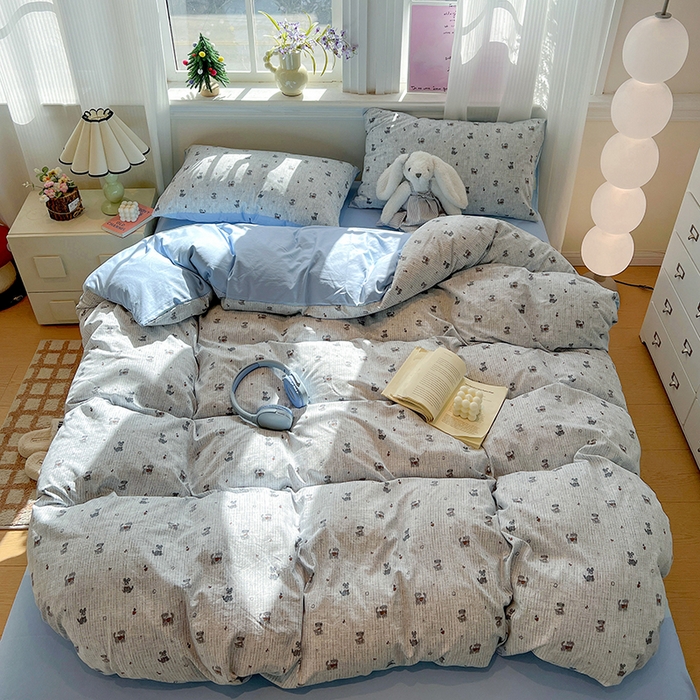 91家纺网 家纺一手货源 找家纺 梦纤绒 2026新款古法水洗仿棉云感纱四件套 条纹狗