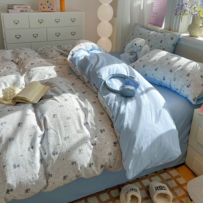 91家纺网 家纺一手货源 找家纺 梦纤绒 2026新款古法水洗仿棉云感纱四件套 条纹狗