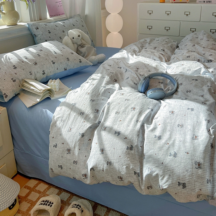 91家纺网 家纺一手货源 找家纺 梦纤绒 2026新款古法水洗仿棉云感纱四件套 条纹狗