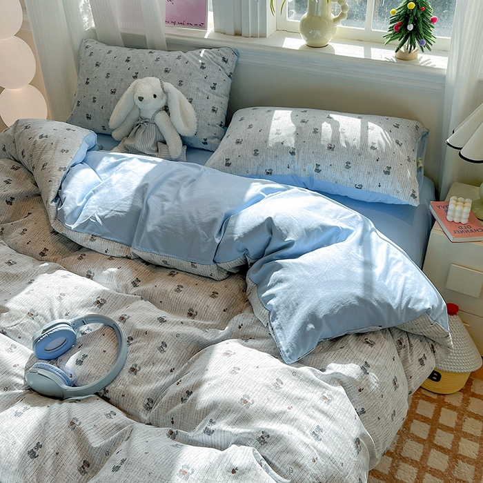 91家纺网 家纺一手货源 找家纺 梦纤绒 2026新款古法水洗仿棉云感纱四件套 条纹狗