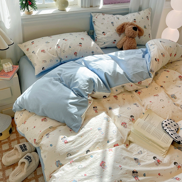 91家纺网 家纺一手货源 找家纺 梦纤绒 2026新款古法水洗仿棉云感纱四件套 童趣