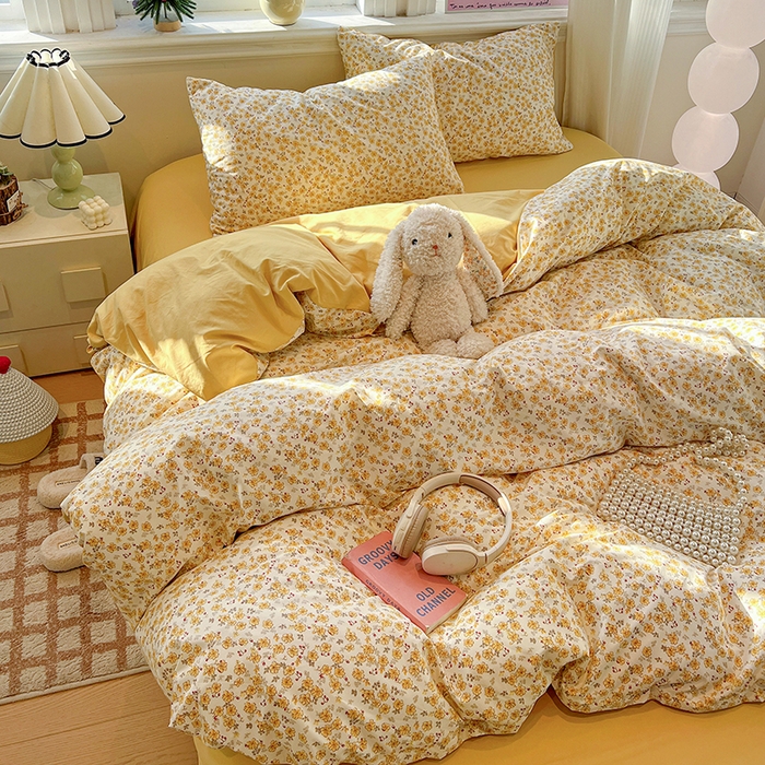 91家纺网 家纺一手货源 找家纺 梦纤绒 2026新款古法水洗仿棉云感纱四件套 小黄花