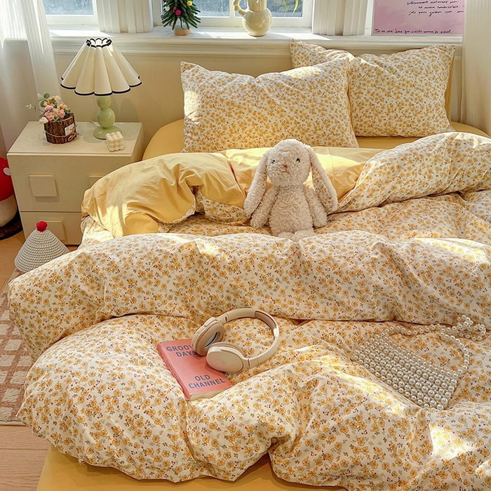 91家纺网 家纺一手货源 找家纺 梦纤绒 2026新款古法水洗仿棉云感纱四件套 小黄花