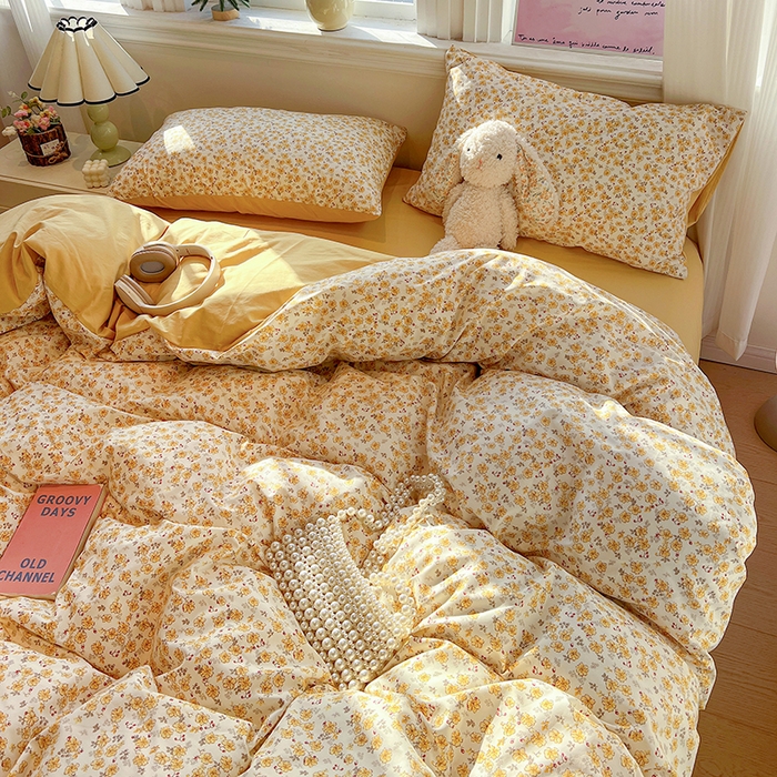 91家纺网 家纺一手货源 找家纺 梦纤绒 2026新款古法水洗仿棉云感纱四件套 小黄花