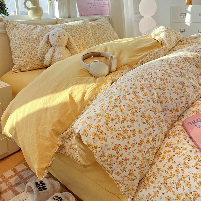 91家纺网 家纺一手货源 找家纺 梦纤绒 2026新款古法水洗仿棉云感纱四件套 小黄花