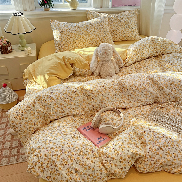 91家纺网 家纺一手货源 找家纺 梦纤绒 2026新款古法水洗仿棉云感纱四件套 小黄花