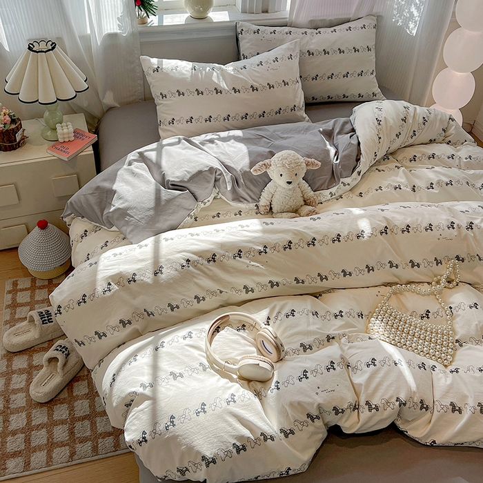 91家纺网 家纺一手货源 找家纺 梦纤绒 2026新款古法水洗仿棉云感纱四件套 小木马