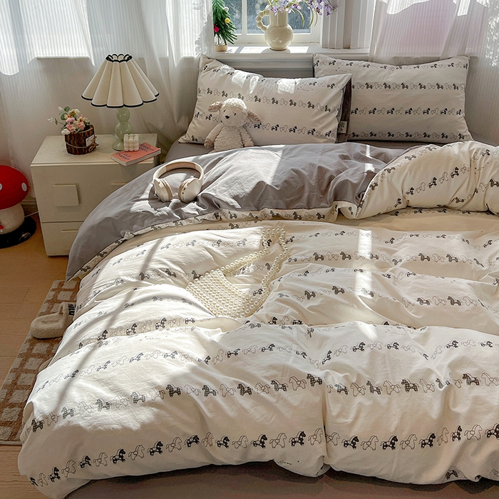 91家纺网 家纺一手货源 找家纺 梦纤绒 2026新款古法水洗仿棉云感纱四件套 小木马