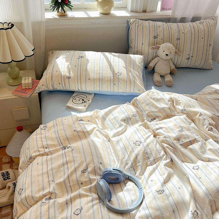 91家纺网 家纺一手货源 找家纺 梦纤绒 2026新款古法水洗仿棉云感纱四件套 鱼多多