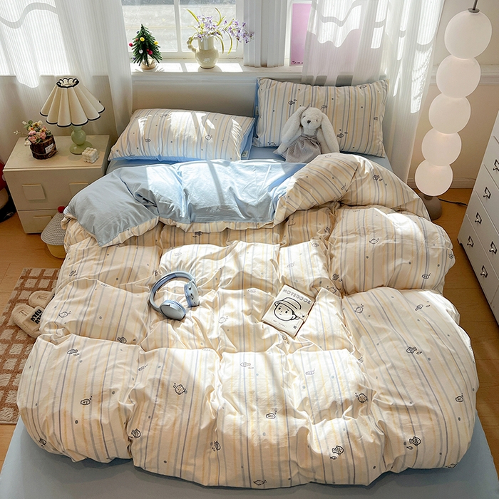 91家纺网 家纺一手货源 找家纺 梦纤绒 2026新款古法水洗仿棉云感纱四件套 鱼多多