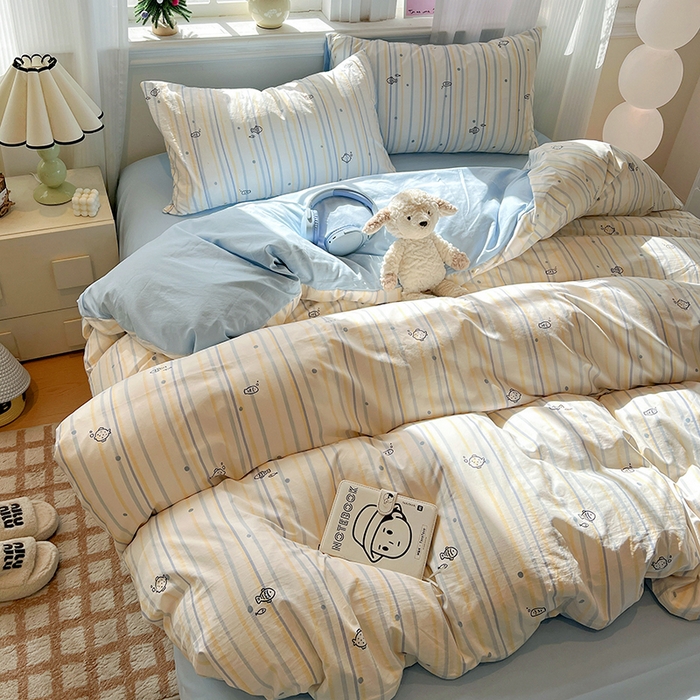 91家纺网 家纺一手货源 找家纺 梦纤绒 2026新款古法水洗仿棉云感纱四件套 鱼多多