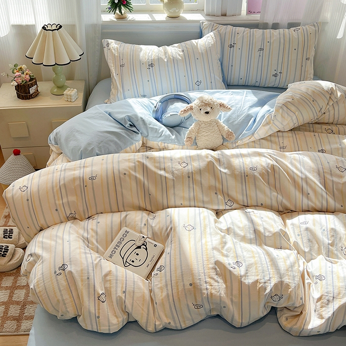 91家纺网 家纺一手货源 找家纺 梦纤绒 2026新款古法水洗仿棉云感纱四件套 鱼多多