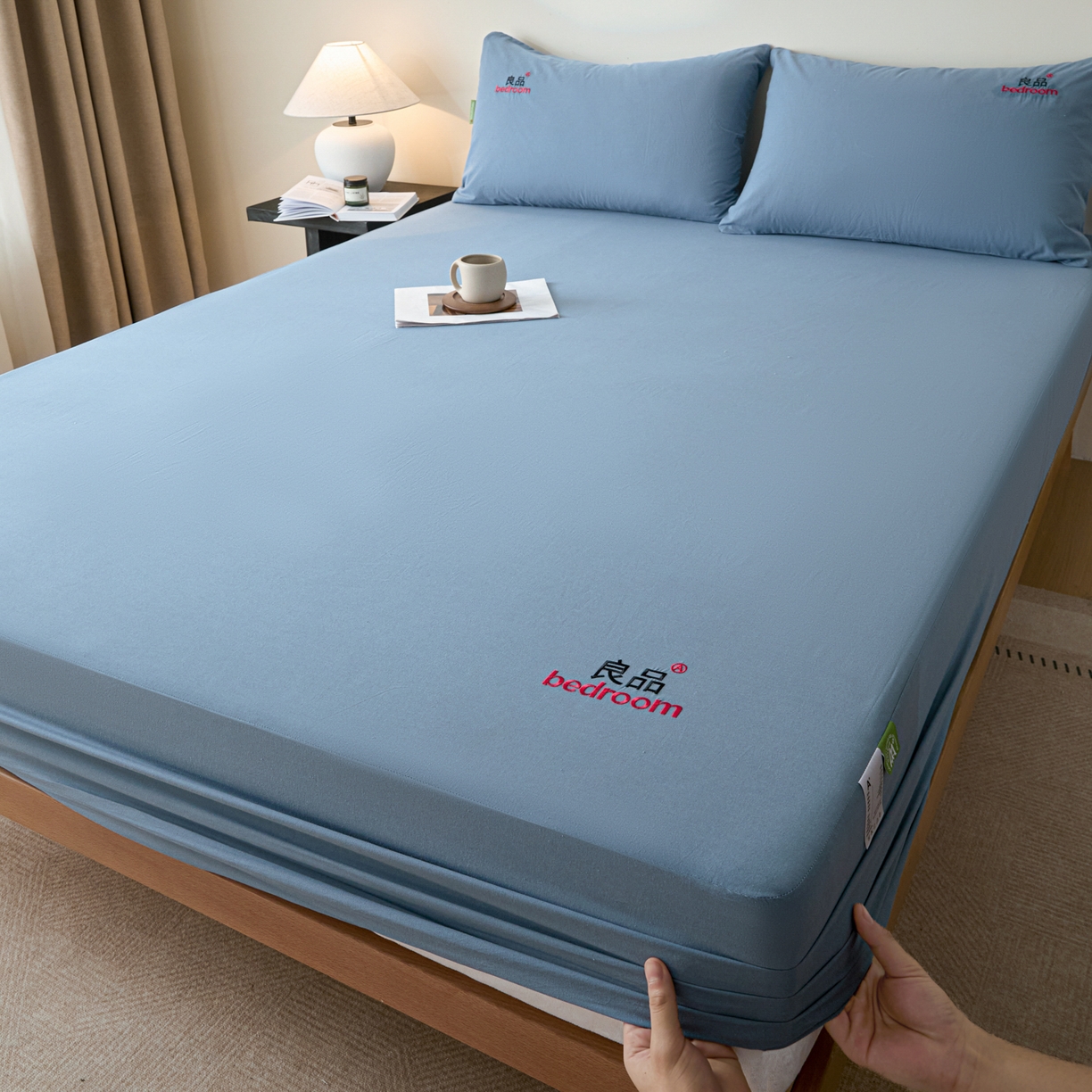 91家纺网 家纺一手货源 找家纺 芬晴家纺 2026新款纯棉密条+纯色单层床笠 纯色-雾蓝