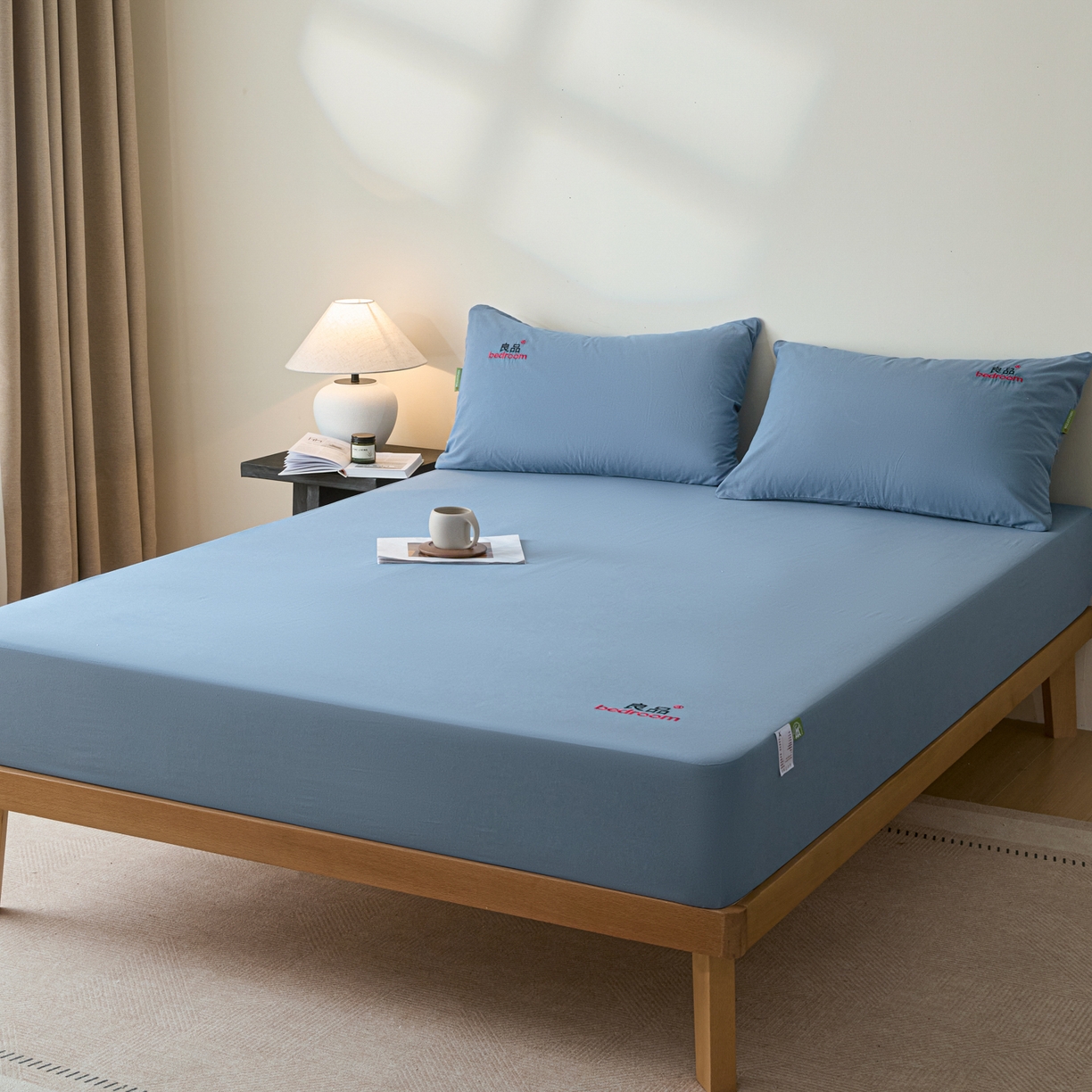 91家纺网 家纺一手货源 找家纺 芬晴家纺 2026新款纯棉密条+纯色单层床笠 纯色-雾蓝
