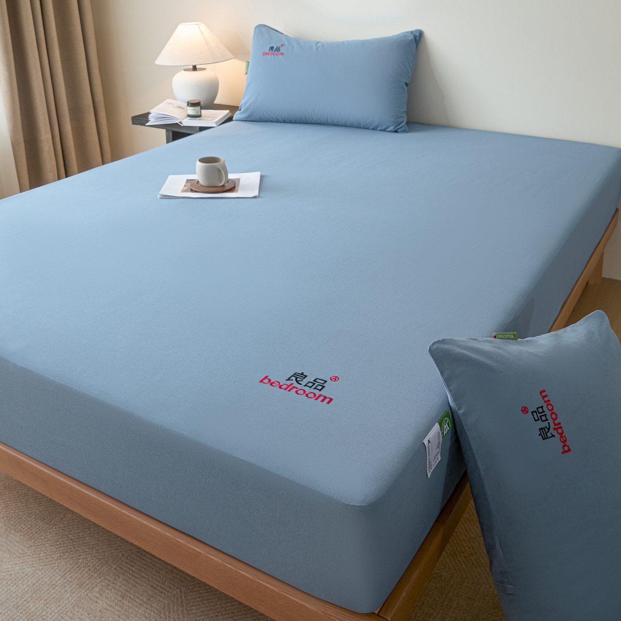 91家纺网 家纺一手货源 找家纺 芬晴家纺 2026新款纯棉密条+纯色单层床笠 纯色-雾蓝