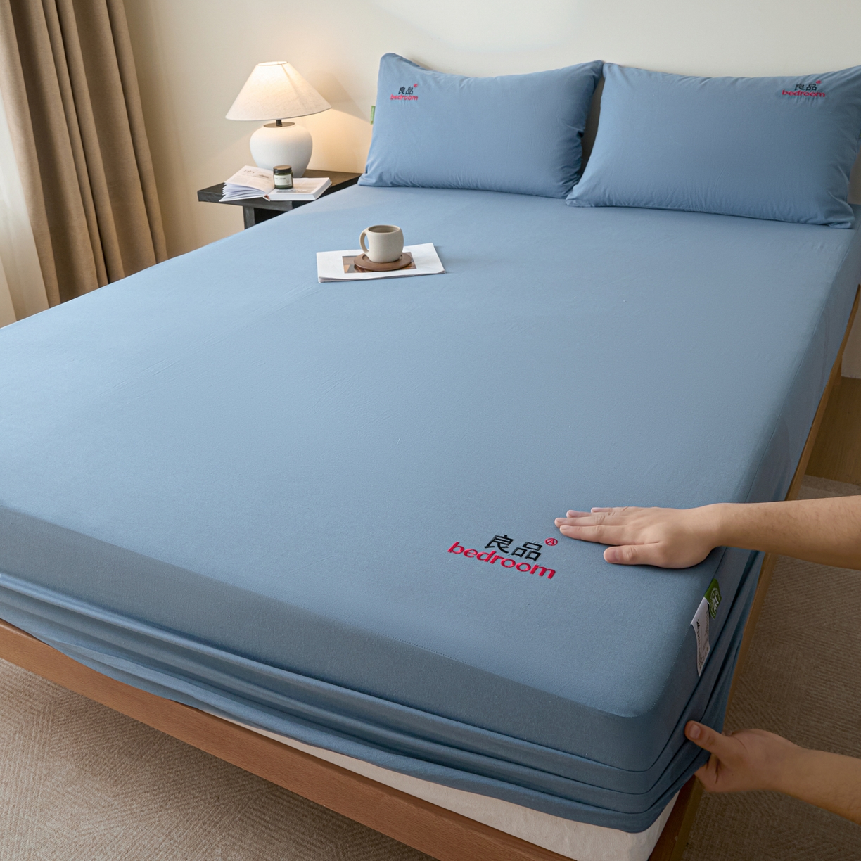91家纺网 家纺一手货源 找家纺 芬晴家纺 2026新款纯棉密条+纯色单层床笠 纯色-雾蓝