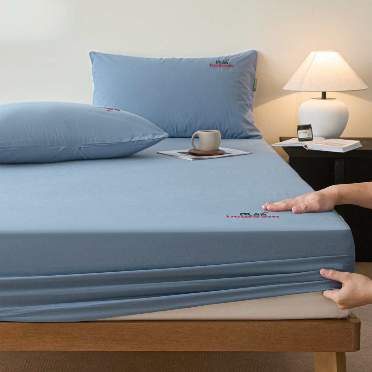 91家纺网 家纺一手货源 找家纺 芬晴家纺 2026新款纯棉密条+纯色单层床笠 纯色-雾蓝