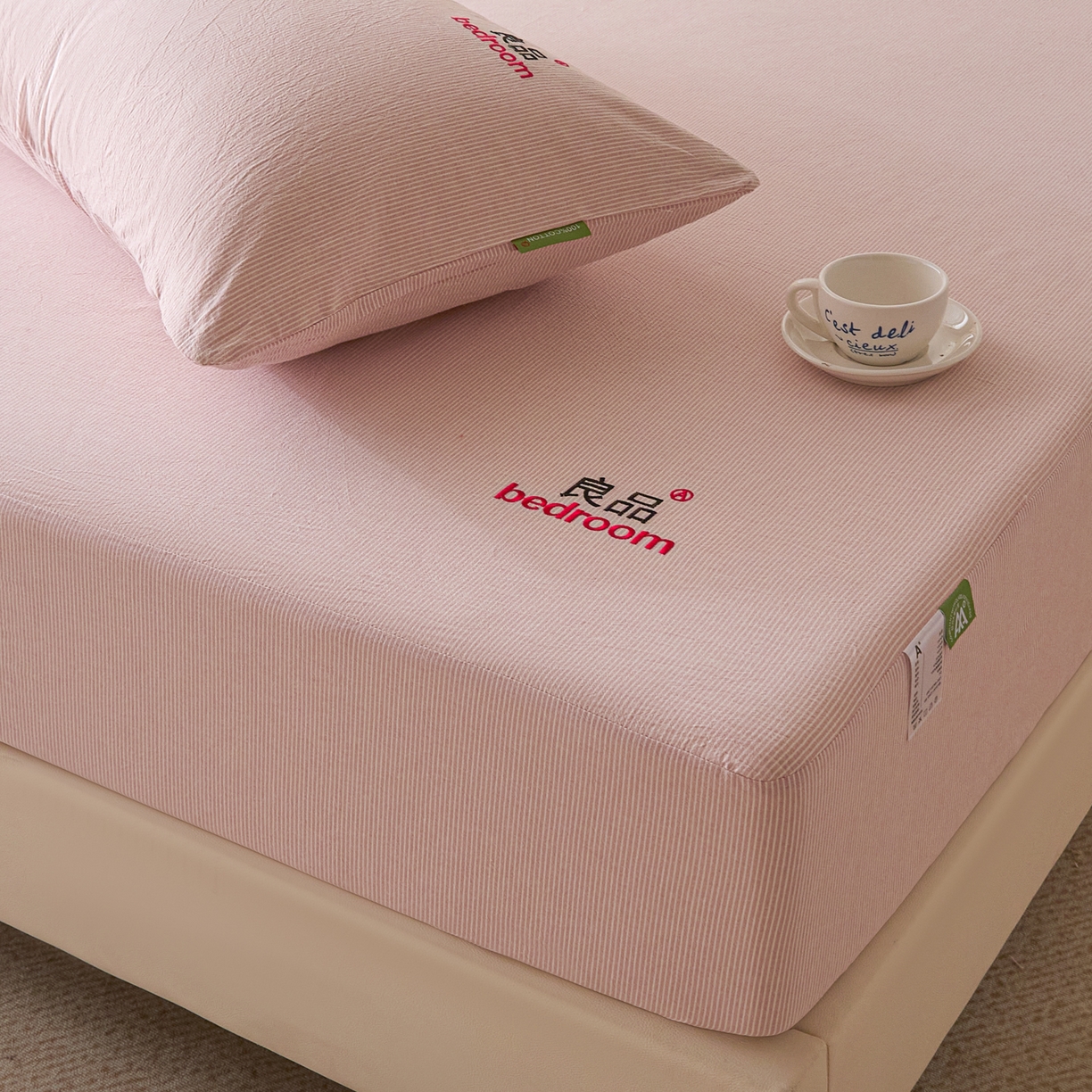 芬晴家纺 2026新款纯棉密条+纯色单层床笠 条纹-豆沙