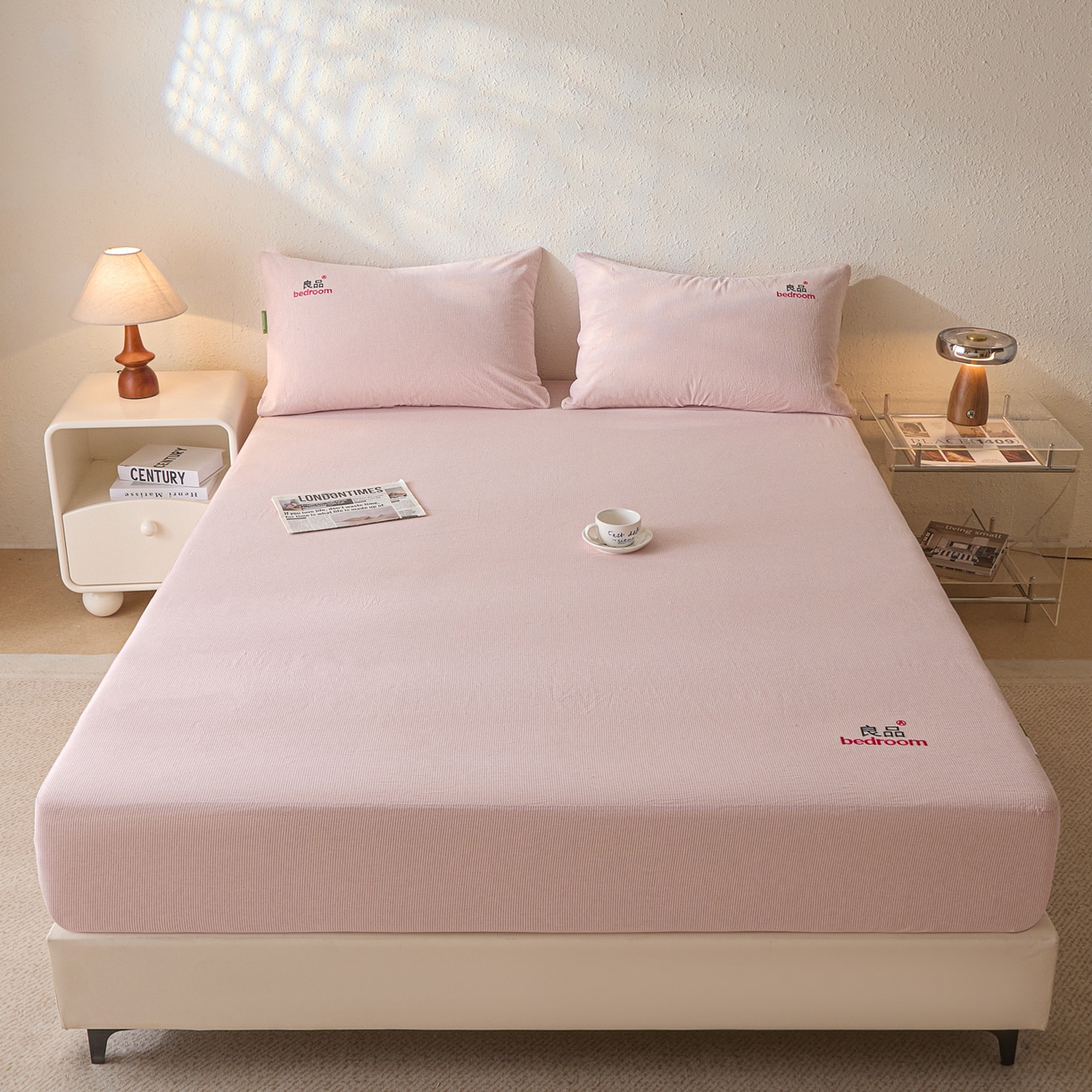 91家纺网 家纺一手货源 找家纺 芬晴家纺 2026新款纯棉密条+纯色单层床笠 条纹-豆沙